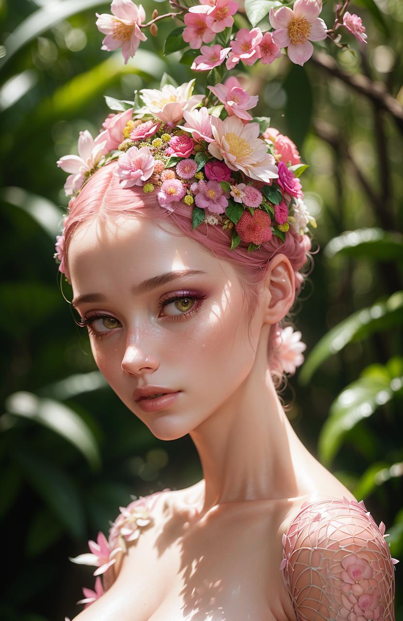 Pink-haired woman wearing a floral crown and flower headband.