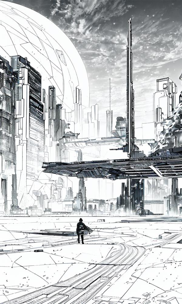 A person standing in a futuristic city with a large skyscraper in the background.