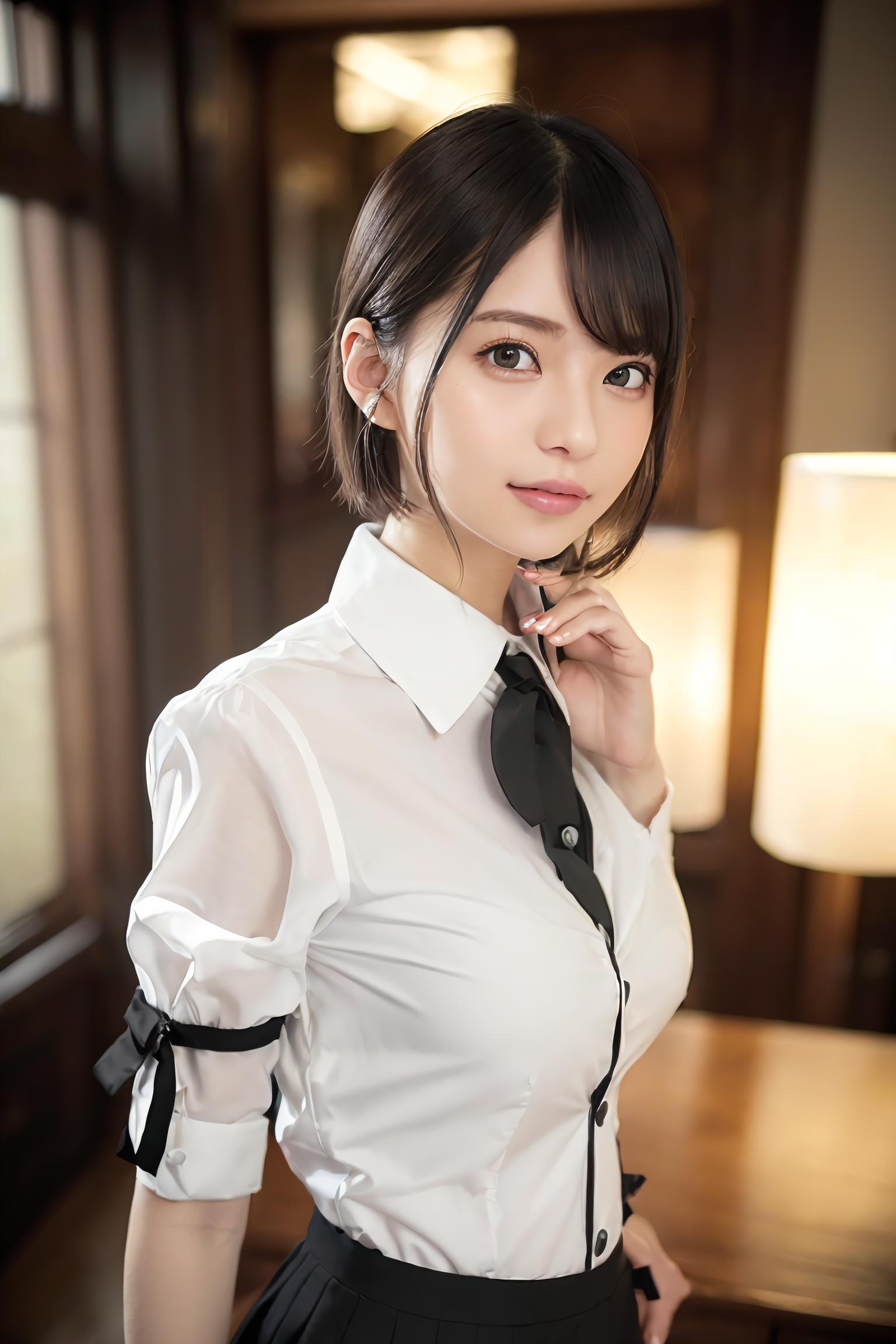 A young woman in a white blouse and black tie posing for the camera.