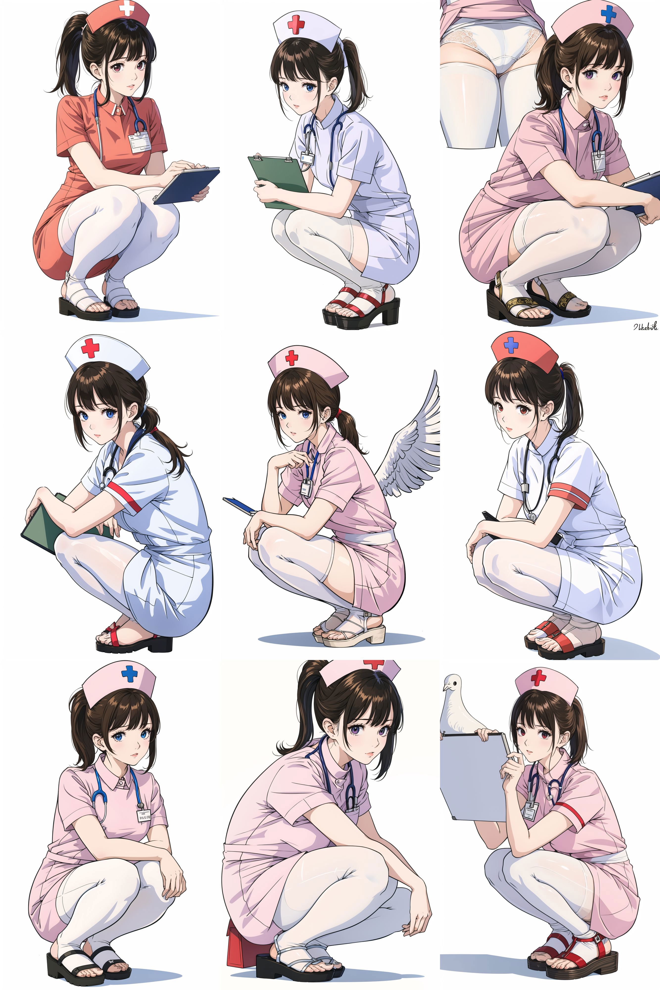 Nine different poses of a nurse in various outfits, including a bird and a pigeon.