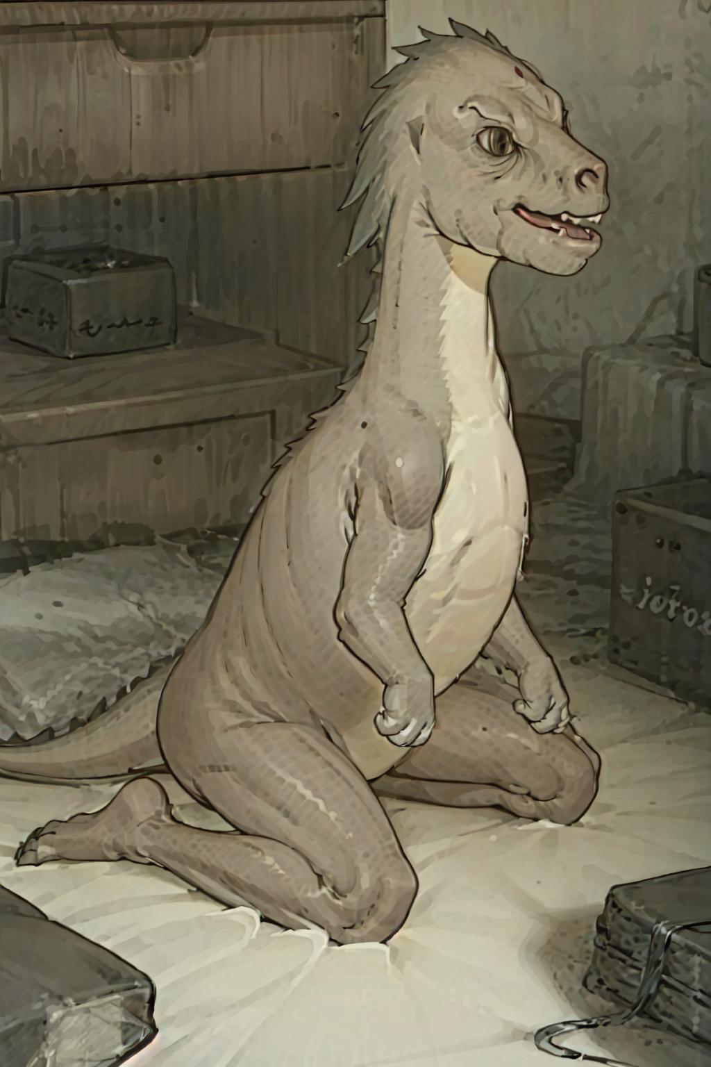 A cartoon image of a dinosaur, likely a dragon, sitting on a bed.