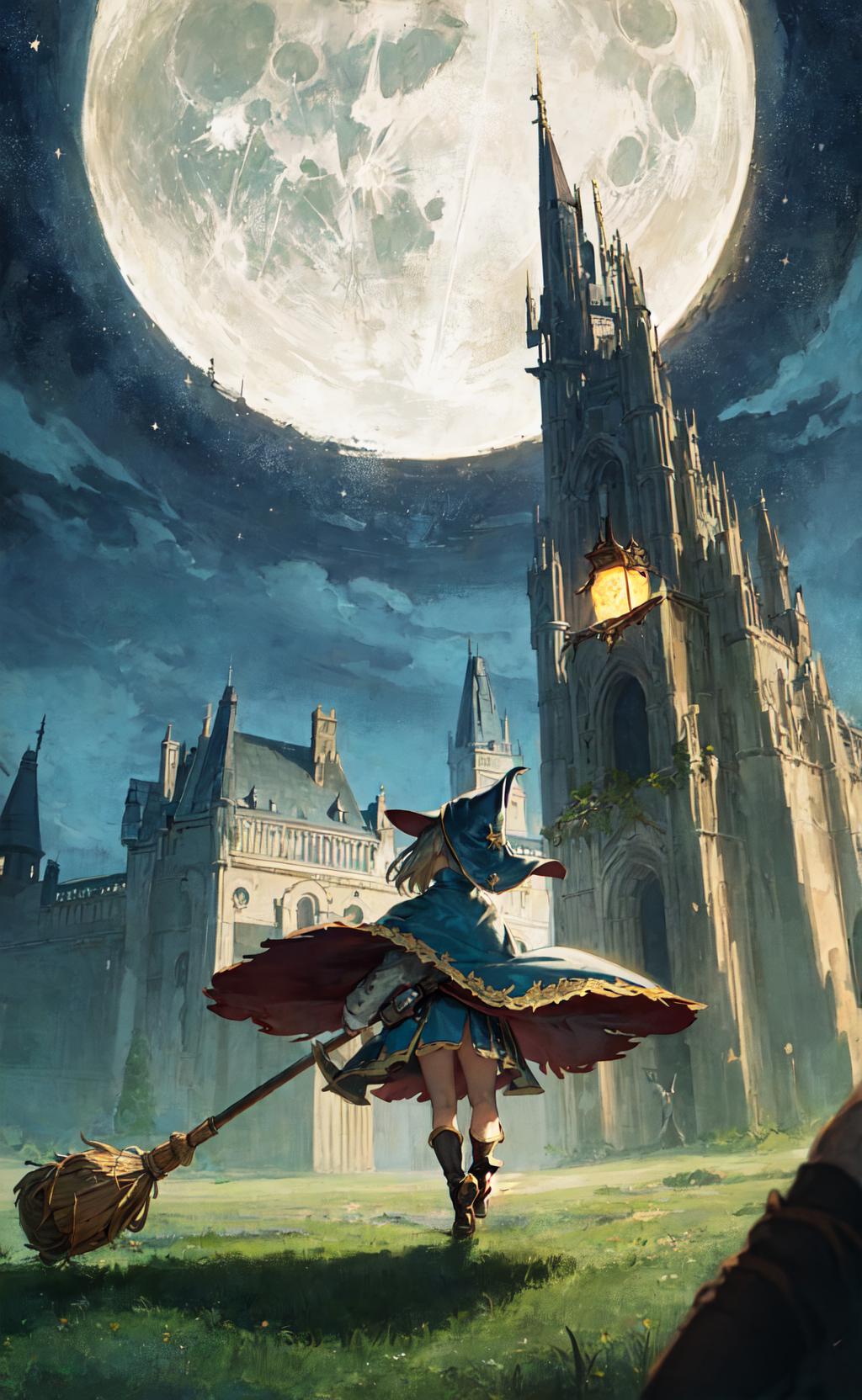 A painting of a woman wearing a blue dress, holding a sword, and looking at a building under a moonlit sky.