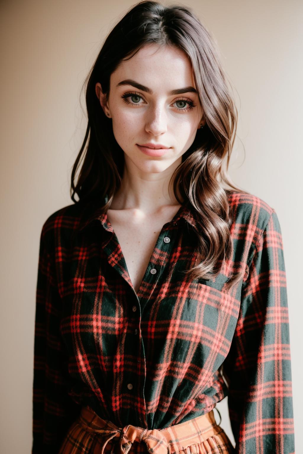 A woman in a red plaid shirt looking at the camera.