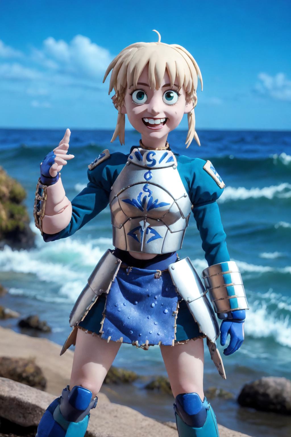 A doll in a blue dress, armor, and blue gloves stands on the beach.