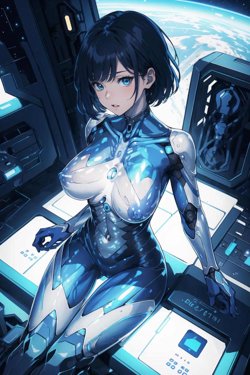 A blue and white character with large breasts posing in a futuristic setting.