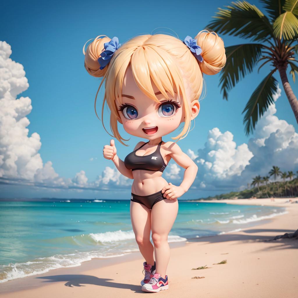 A doll with blue hair, a black bikini, and pink shoes standing on a beach.