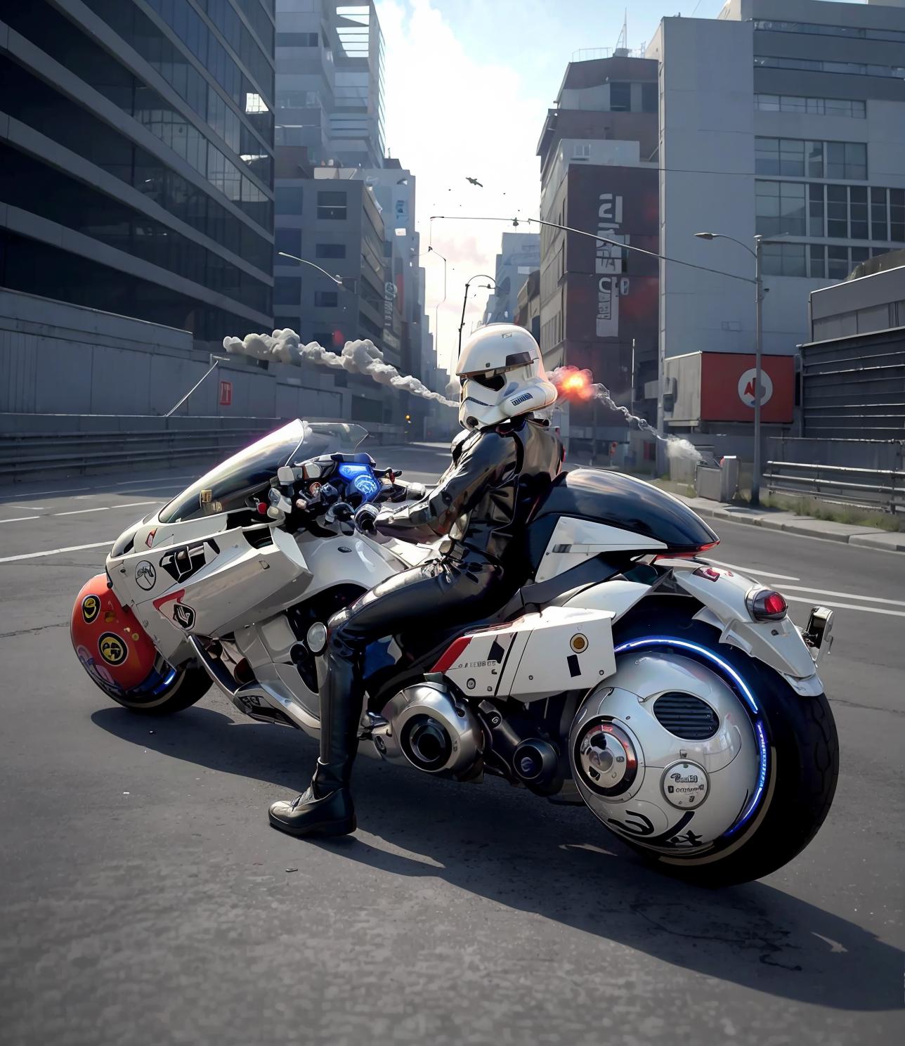 A person wearing a Stormtrooper costume riding a motorcycle on a city street.