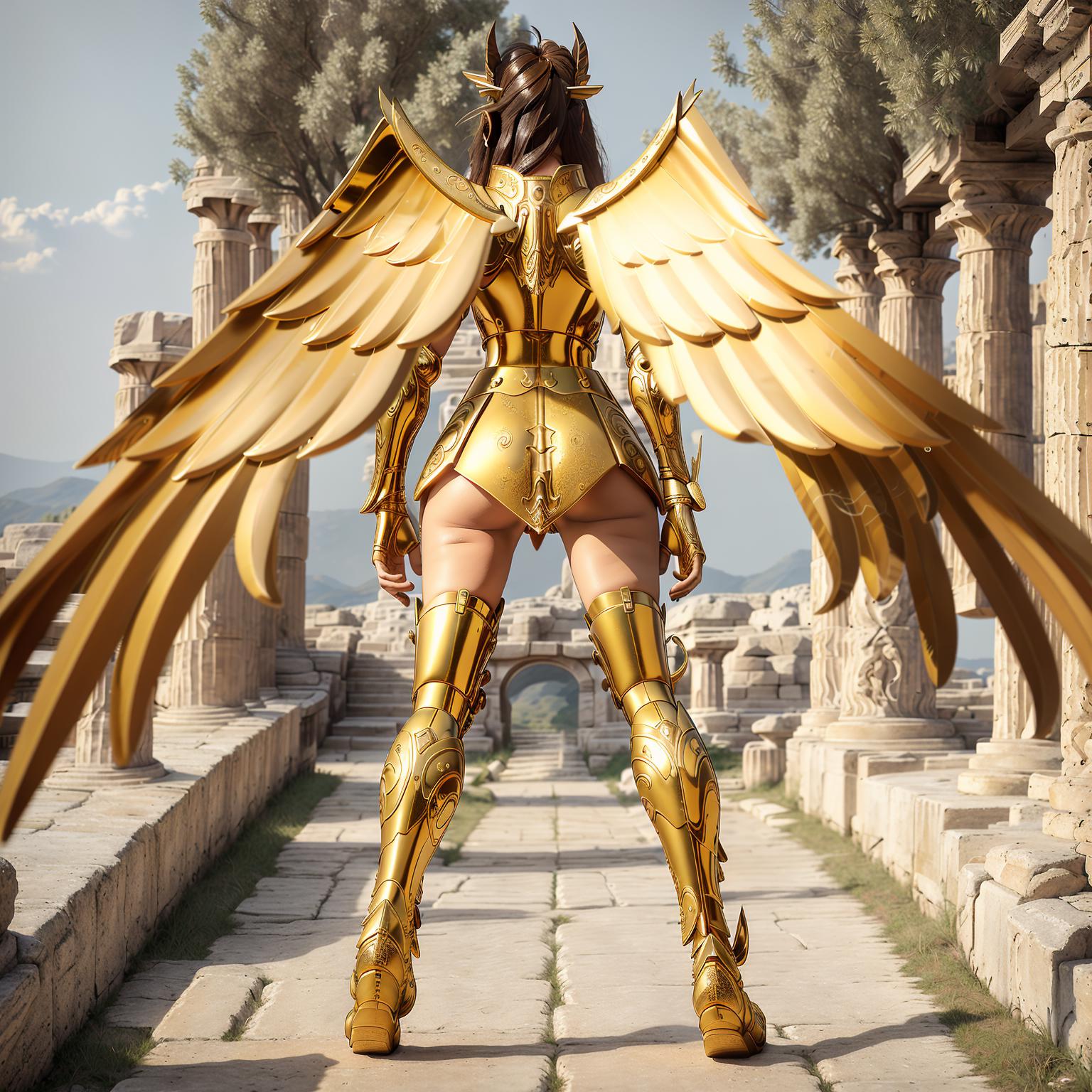 Golden Angel Statue with Wings and Sword Standing on Stone Path