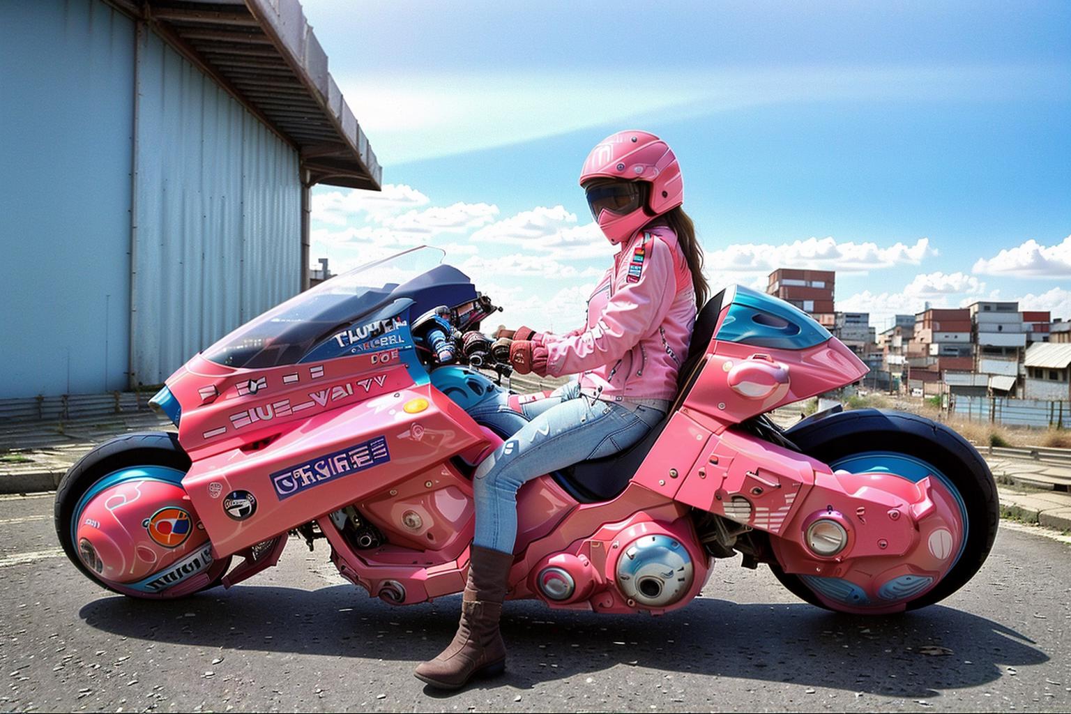 A woman wearing a pink helmet is sitting on a pink motorcycle.