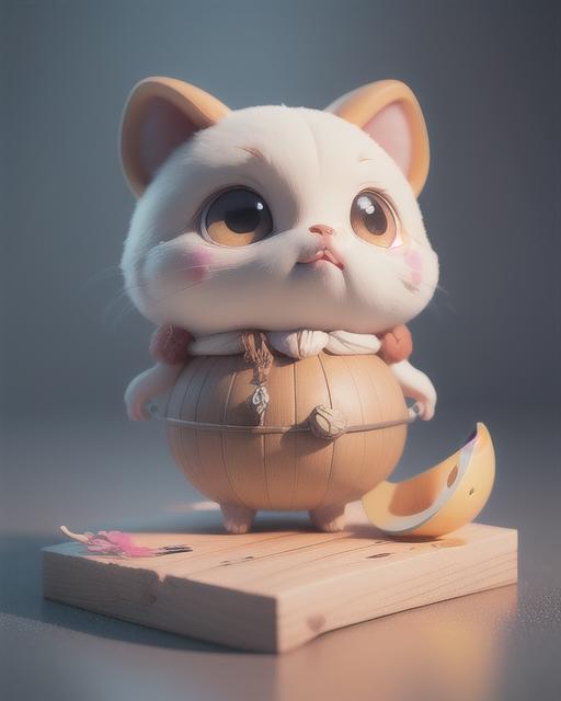 A white, plump toy cat figurine with a bell around its neck, standing on a wooden base with a broken egg.