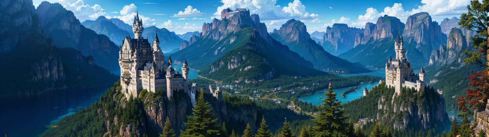 A mountain castle overlooking a waterfall and town.