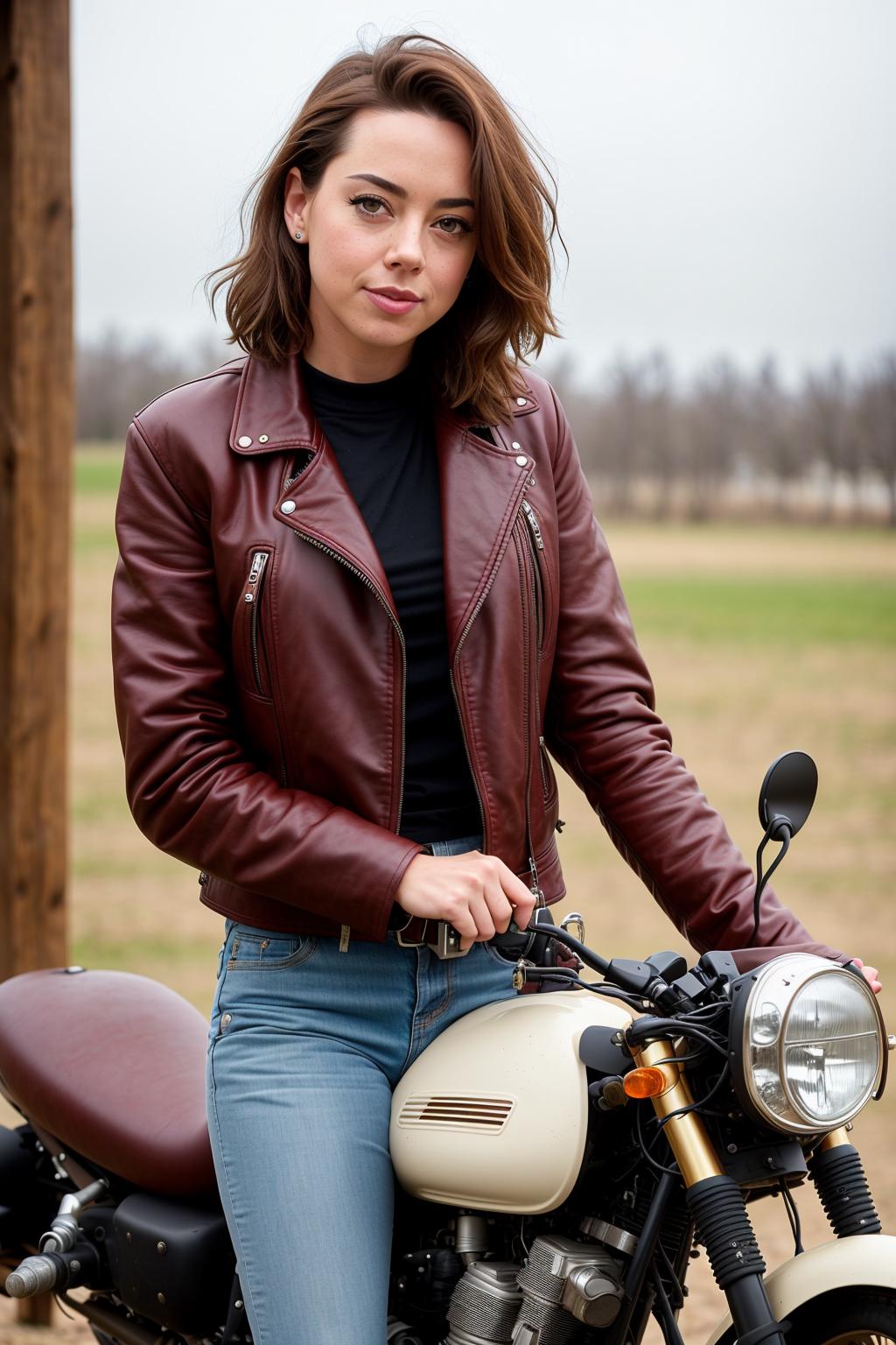 A woman wearing a leather jacket poses with a motorcycle.