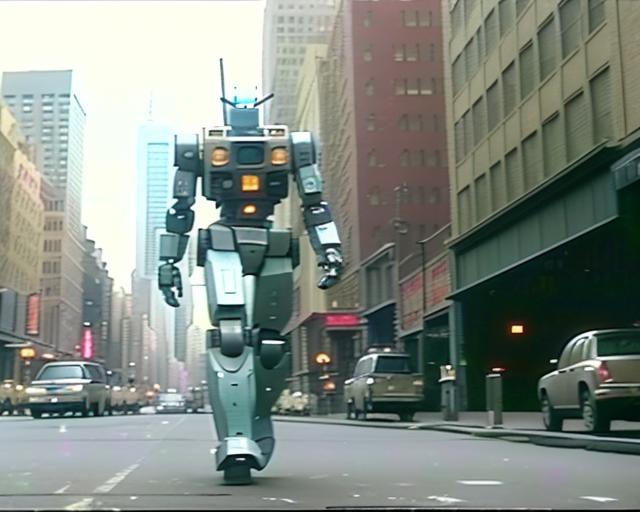 A Robotic Figure Crossing a City Street