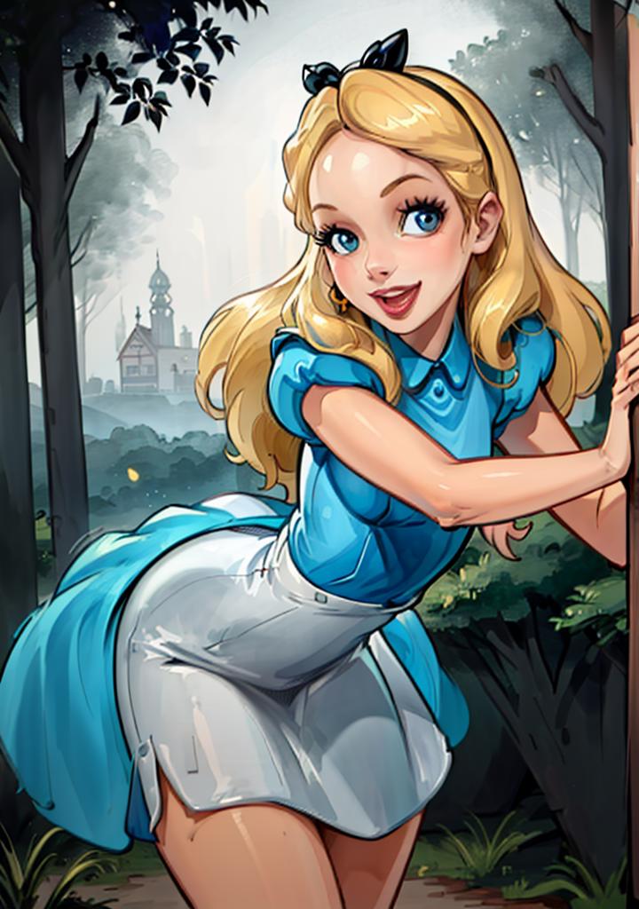 Illustration of an animated blonde woman wearing a blue shirt and white pants.