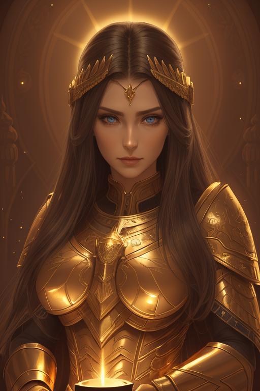 A beautifully rendered illustration of a woman in a golden armor, wearing a golden crown, and having blue eyes.