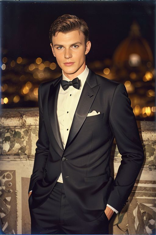 A man in a suit and tie poses for a picture at night.