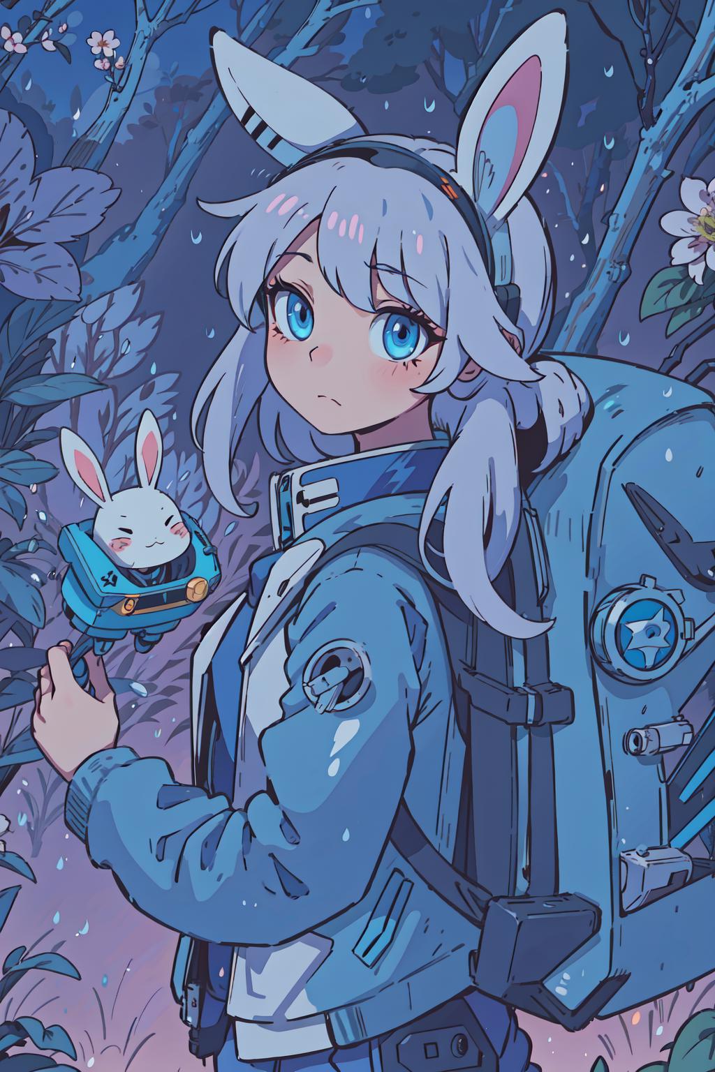 A woman with a blue coat and a backpack with a rabbit on it.