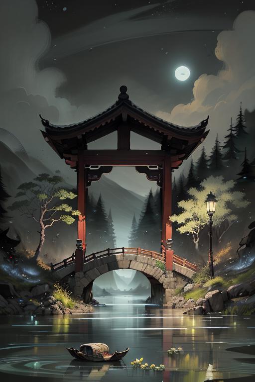 Artistic Illustration of a Bridge and Archway with a Moonlit Scenery