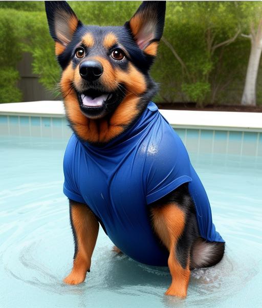 Dog wearing a blue shirt and standing in a pool.