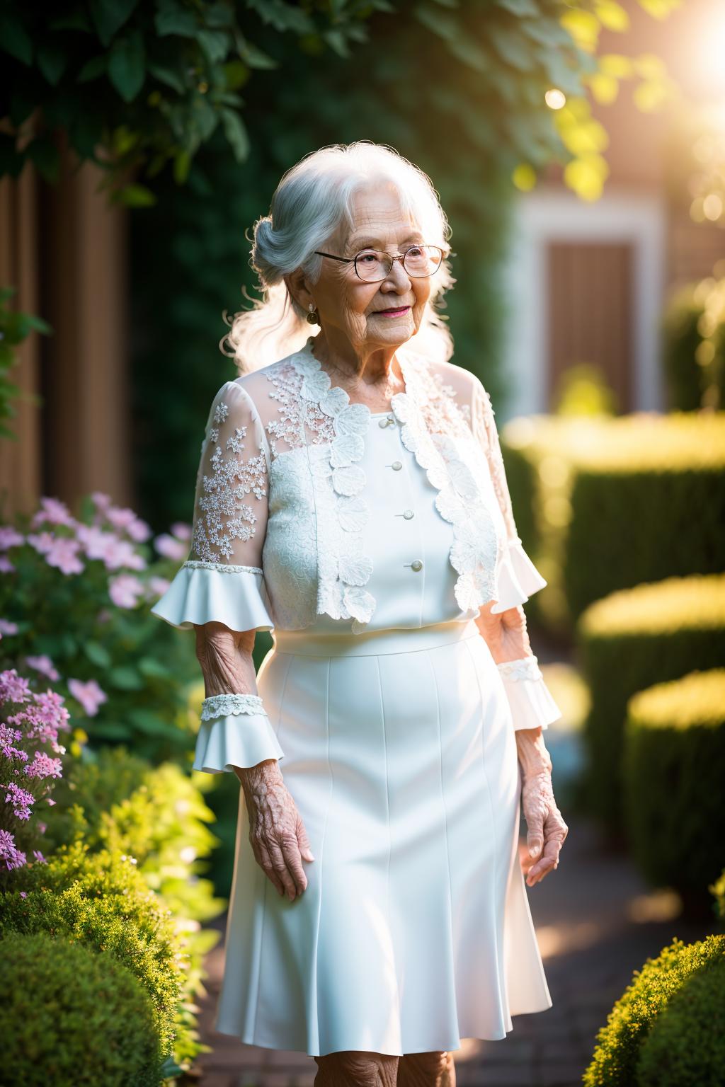 Elderly Woman Wearing Glasses and White Dress Standing Outdoors.