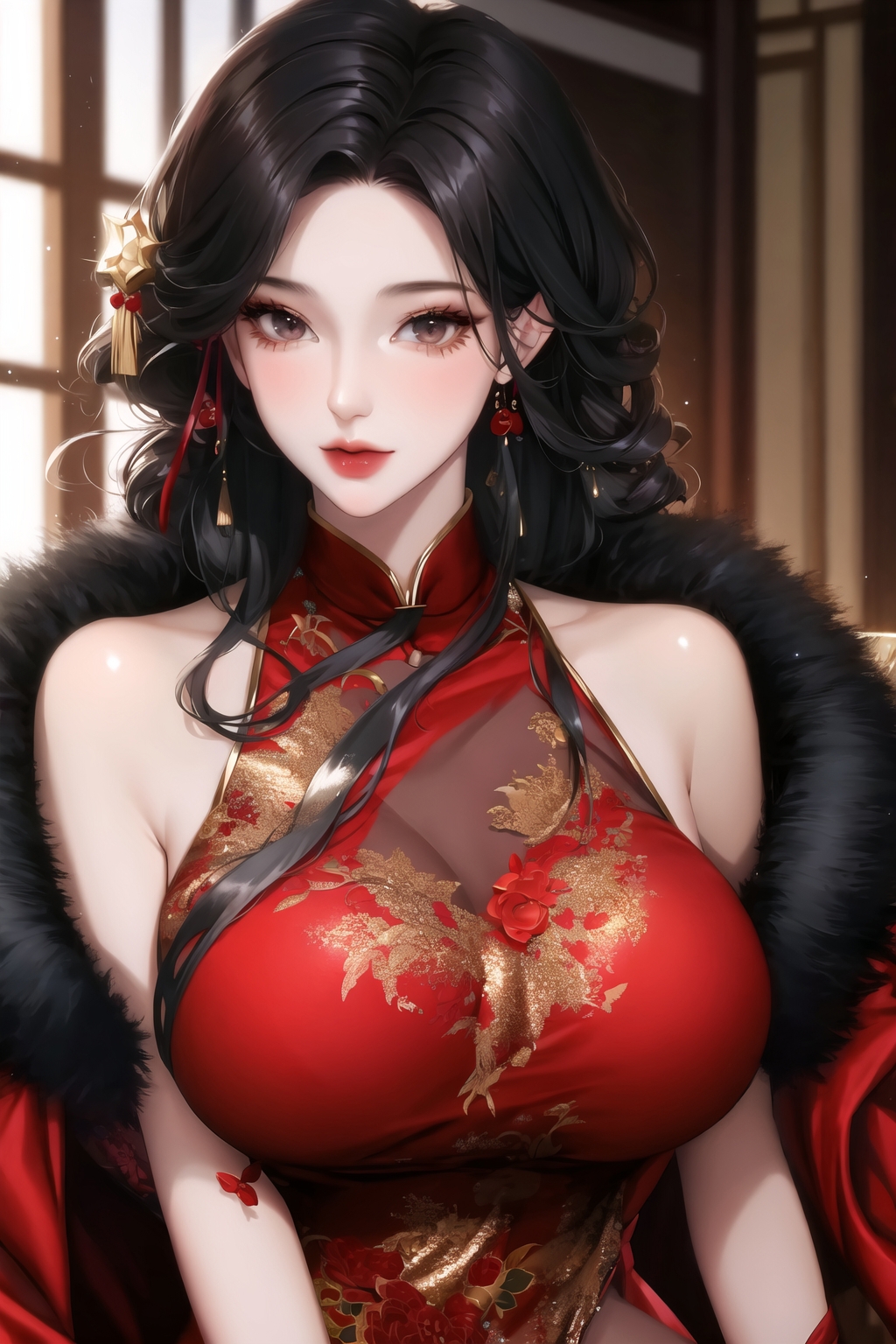 A 3D rendered illustration of a woman wearing a red Chinese dress and a fur coat.