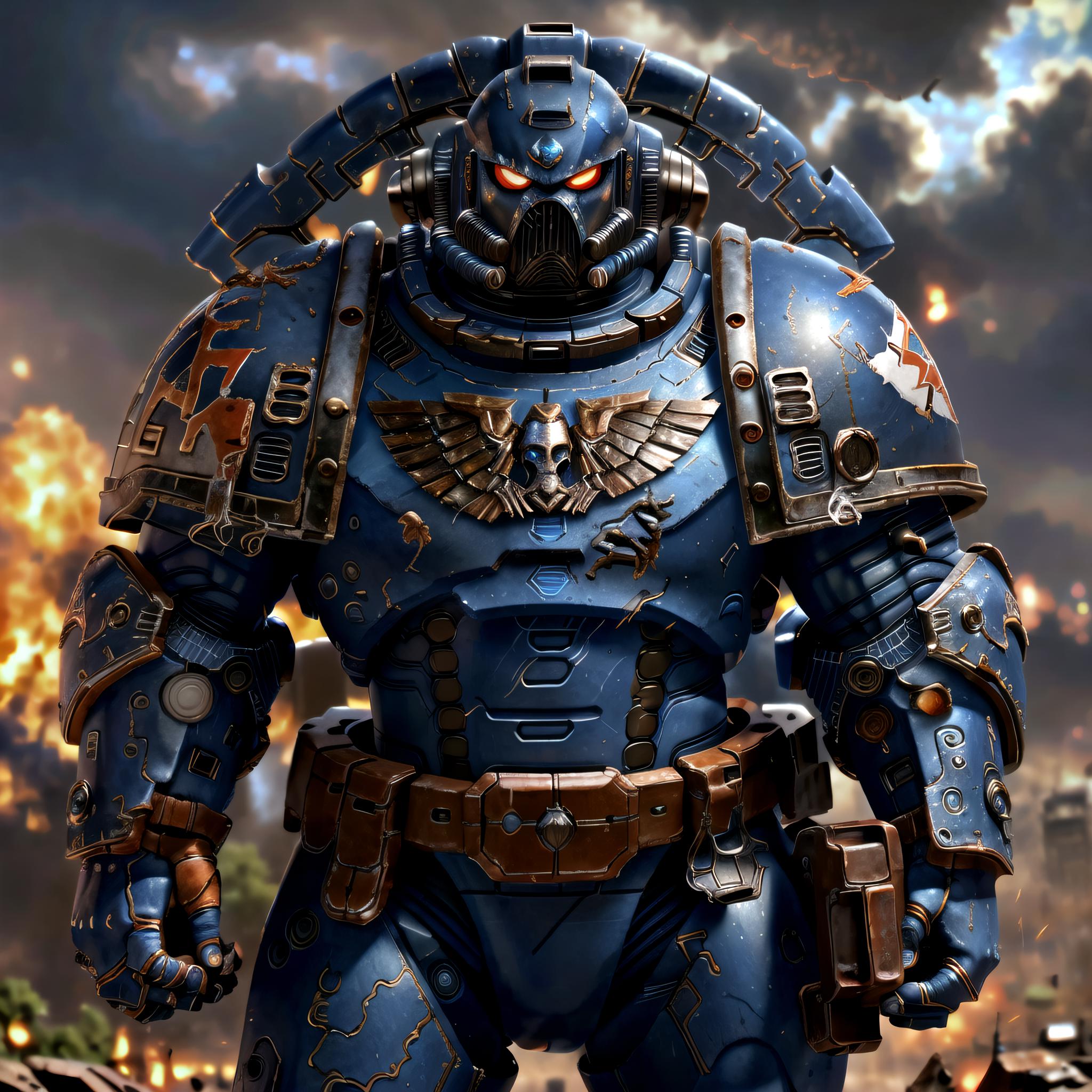 A large blue robot with wings and weapons standing in front of a city.