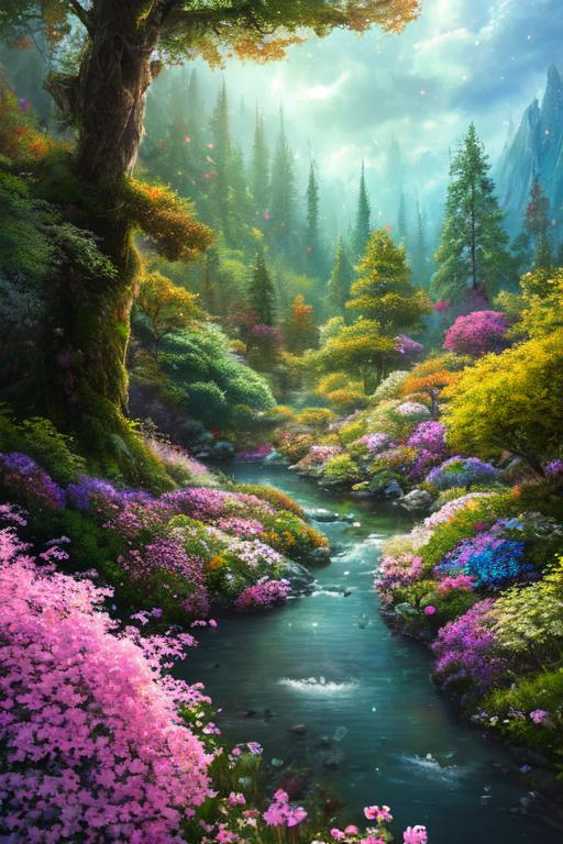 A Waterfall in a Lush Painted Forest with a River and Flowers.
