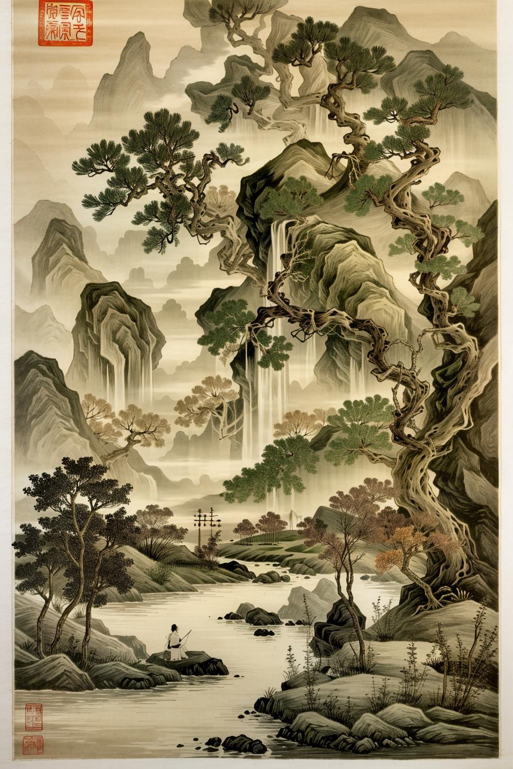 A Painting of a Waterfall and Trees in a Mountainous Landscape