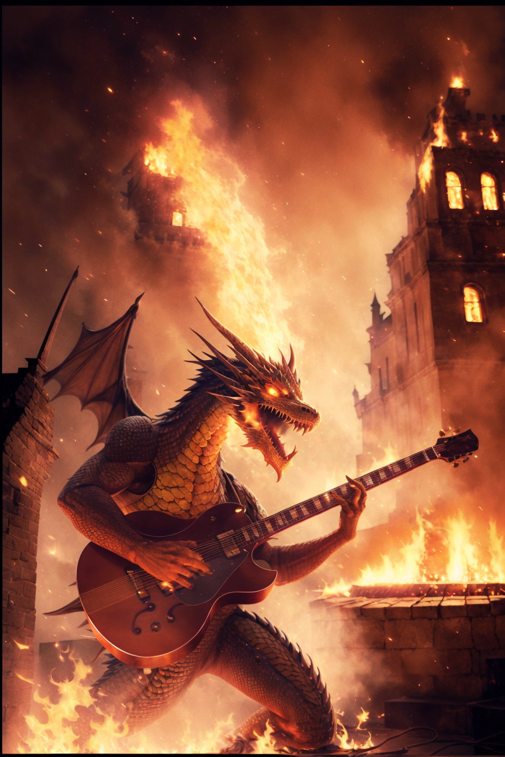 A dragon playing a guitar, surrounded by fire and destruction.