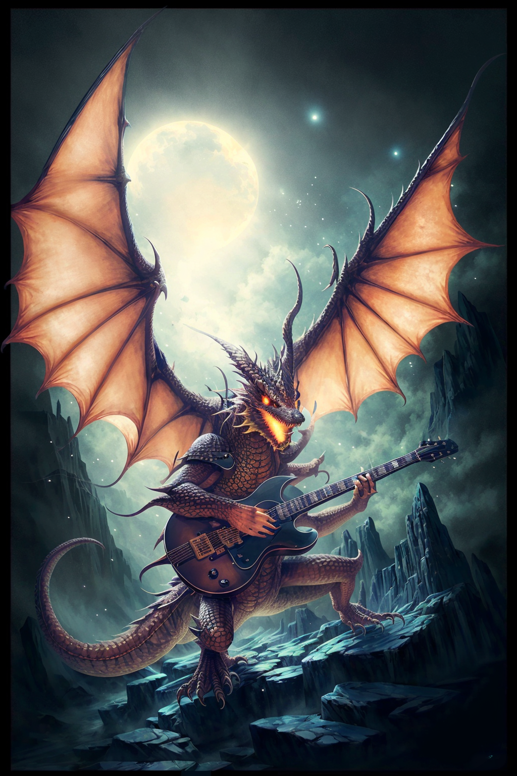 A dragon playing a guitar on a dark night with a moon in the background.