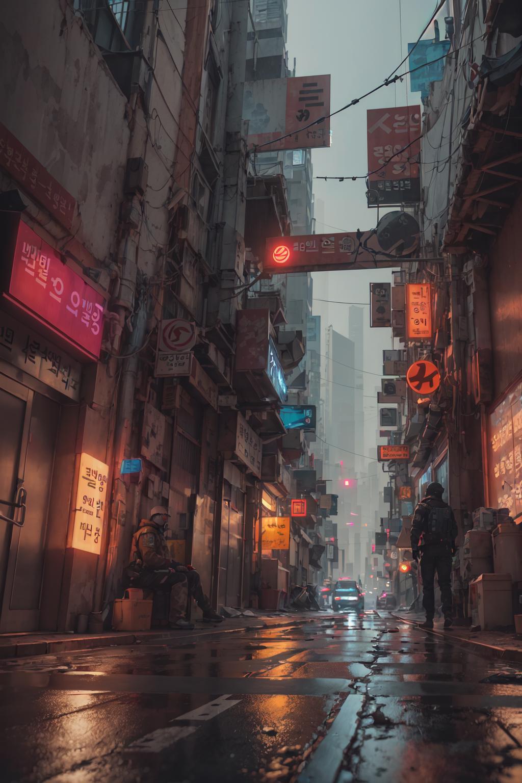A person walking down a busy Asian city street at night.