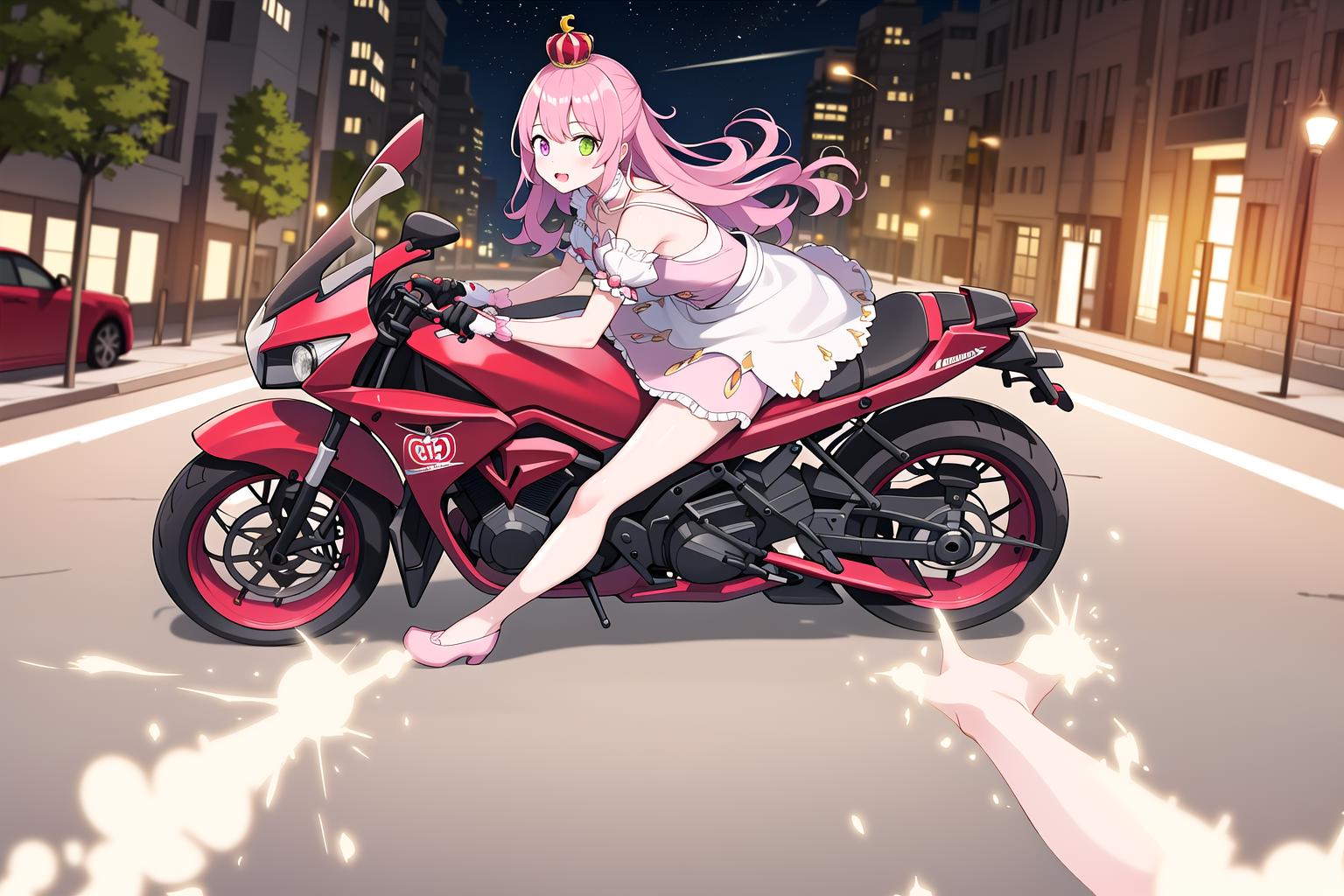 A cartoon illustration of a girl riding a motorcycle at night.