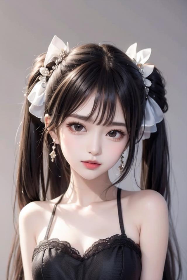 A close-up of a girl with long black hair and white bows in her hair.