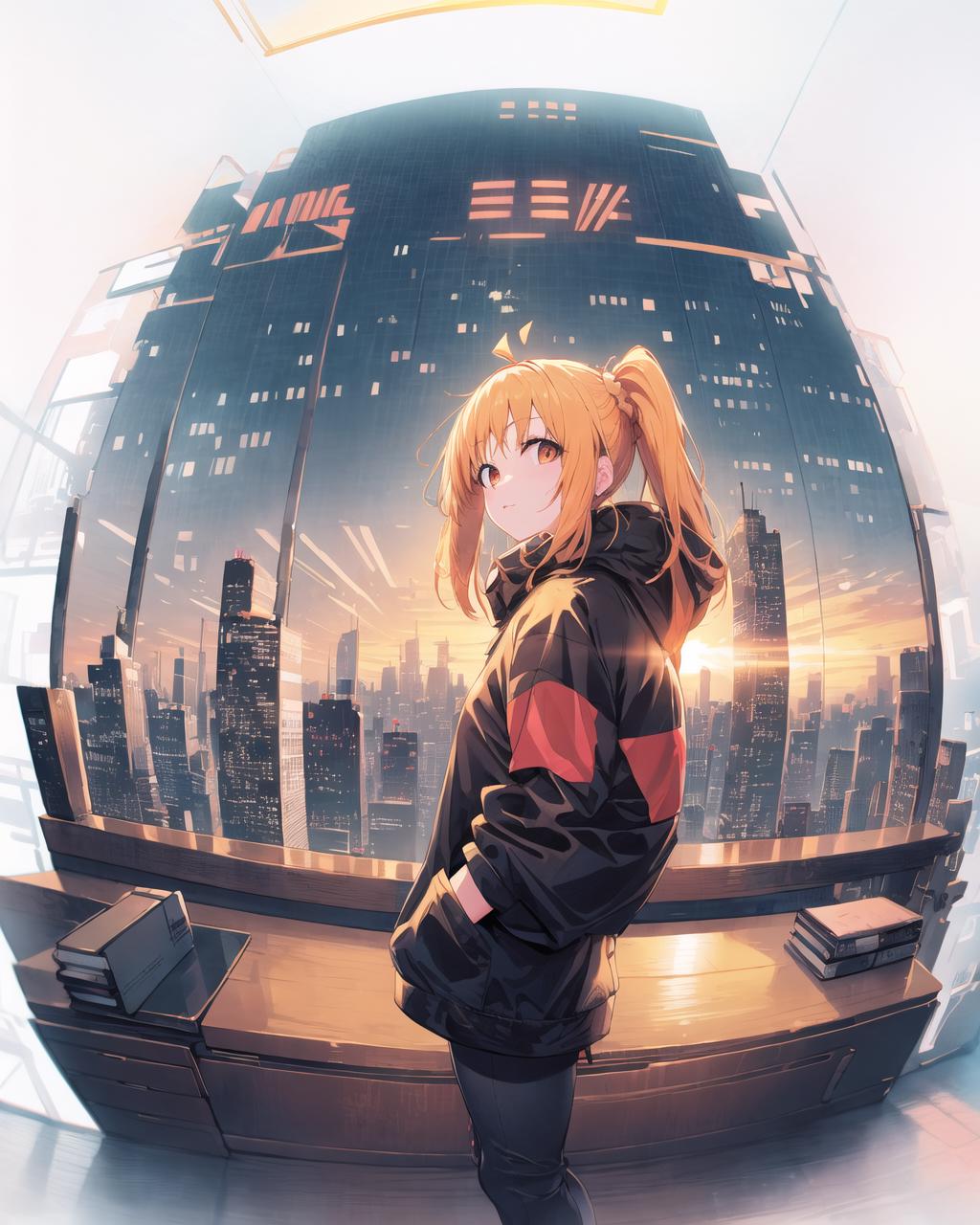 A young woman with a ponytail wearing a black jacket and standing in front of a cityscape.