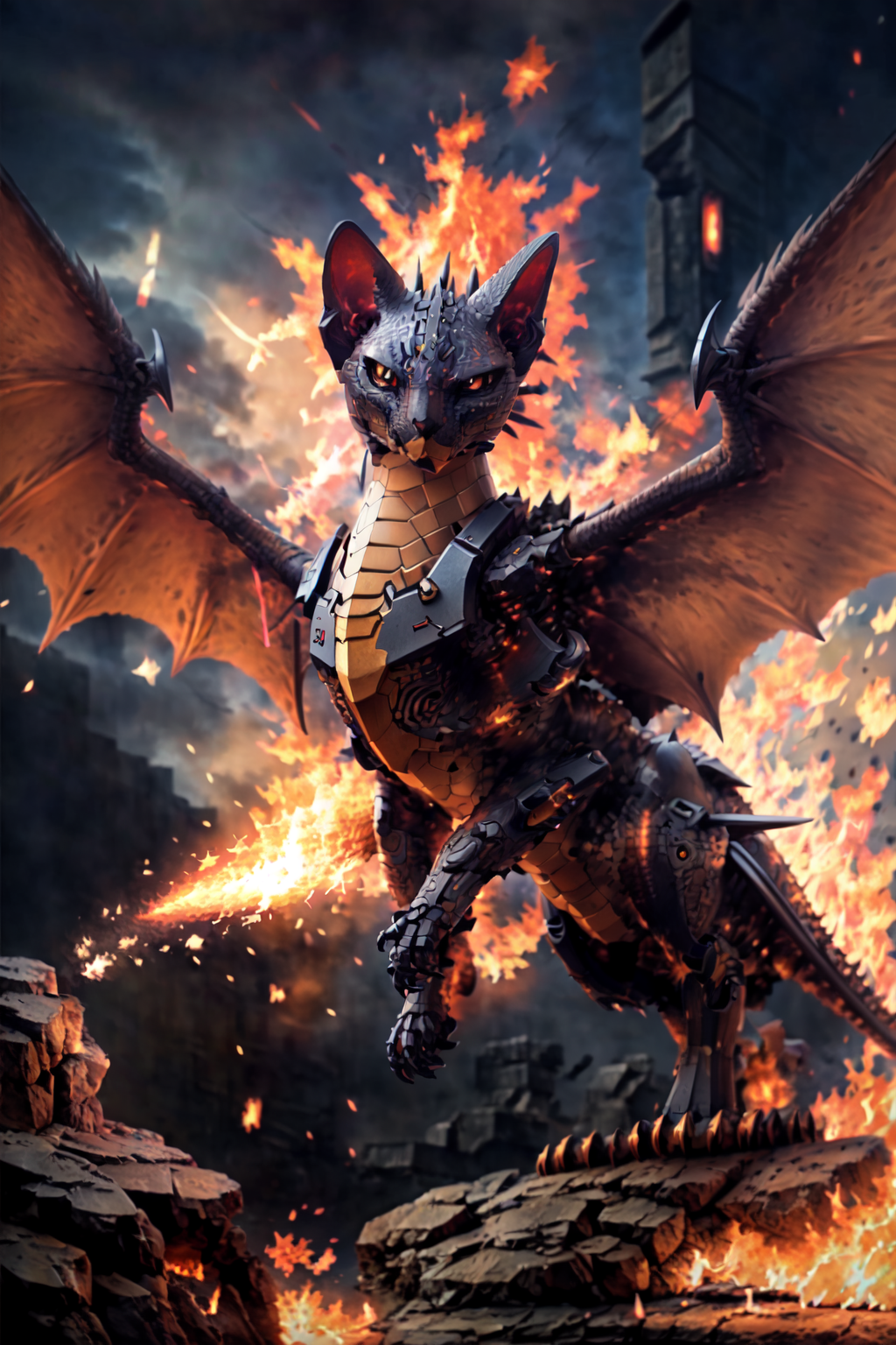 A robotic dragon with glowing eyes and flames in the background.