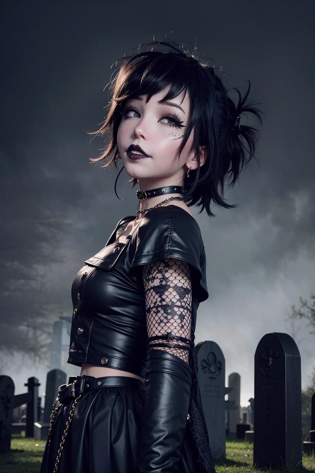 A woman with black hair, a black top, and heavy makeup standing in front of a cemetery.