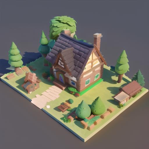 A 3D model of a small, quaint, wooden house in a forest.