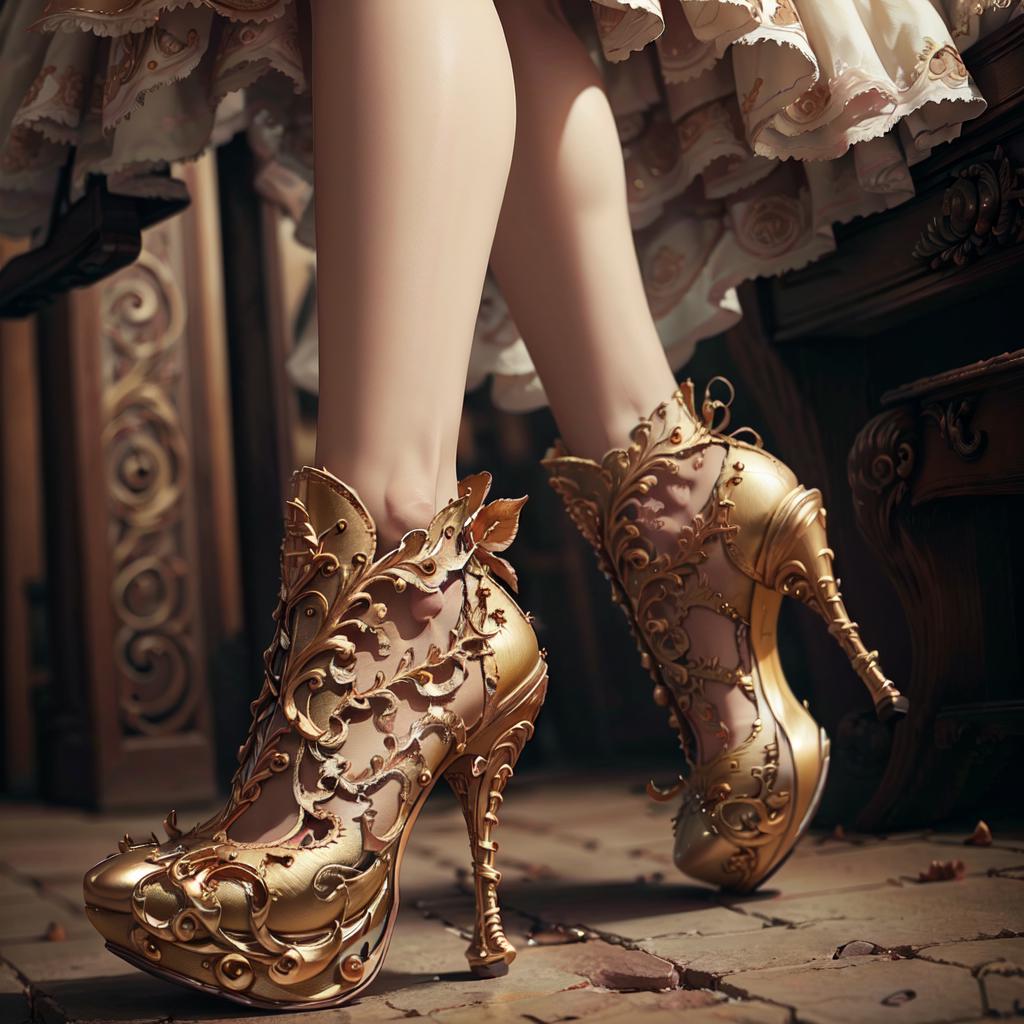 A woman wearing gold high heels with intricate designs on her feet.