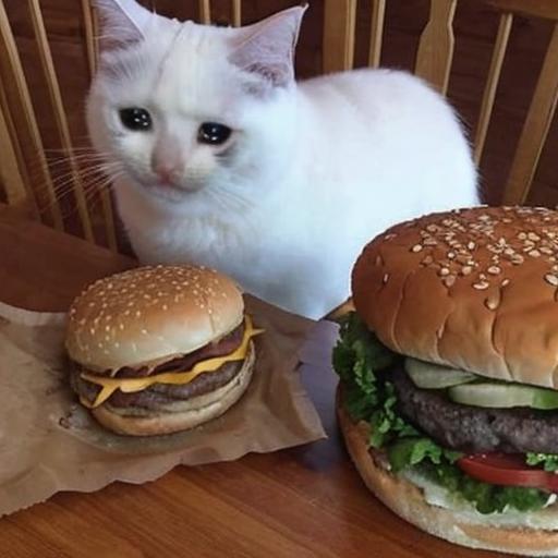 A sad looking cat sitting next to two large hamburgers.