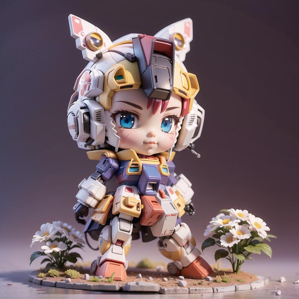A figurine of a cute robot-like character with a blue helmet and white ears, standing in a flower garden.