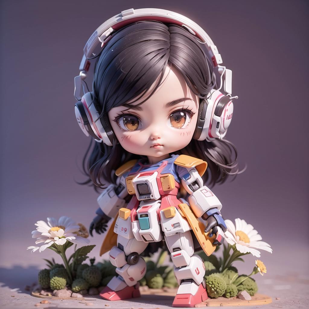 A doll figurine wearing headphones and positioned in a garden setting.