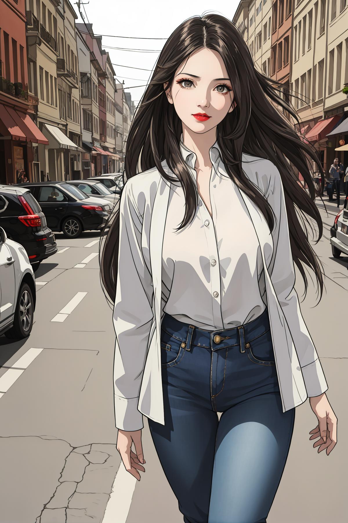 A Beautiful Anime Woman Walking Down a Street in a White Shirt and Blue Jeans.