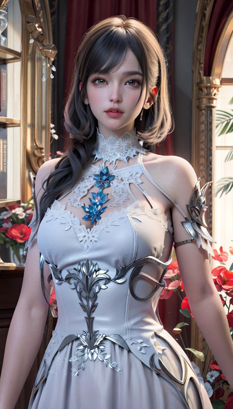 Anime 3D Art of a Woman in a White Dress with Blue Accents and a Silver Metal Breastplate.