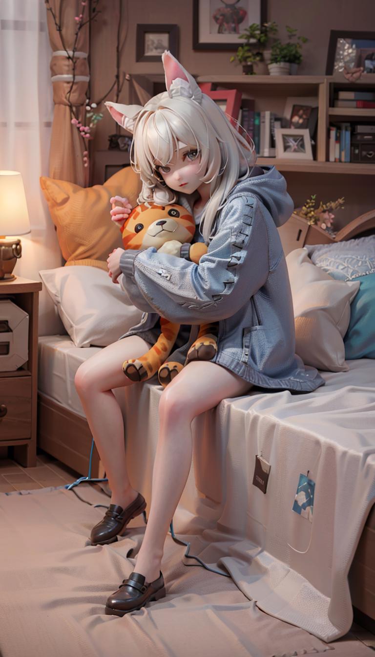 Girl sitting on bed holding a teddy bear wearing a sweatshirt.