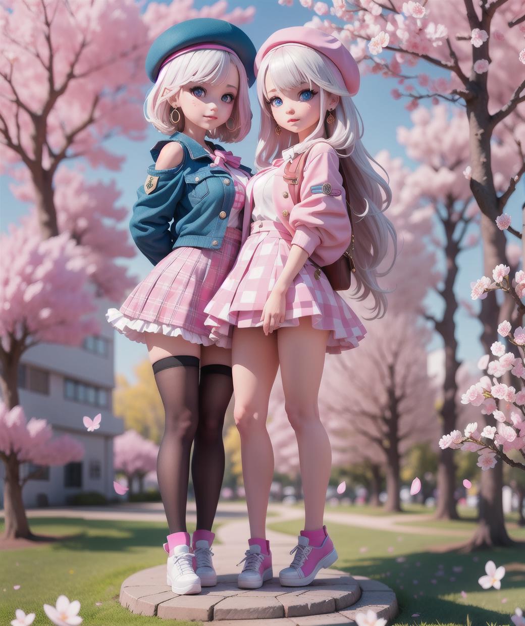 Two cartoon dolls in pink and blue dresses standing on a pathway.