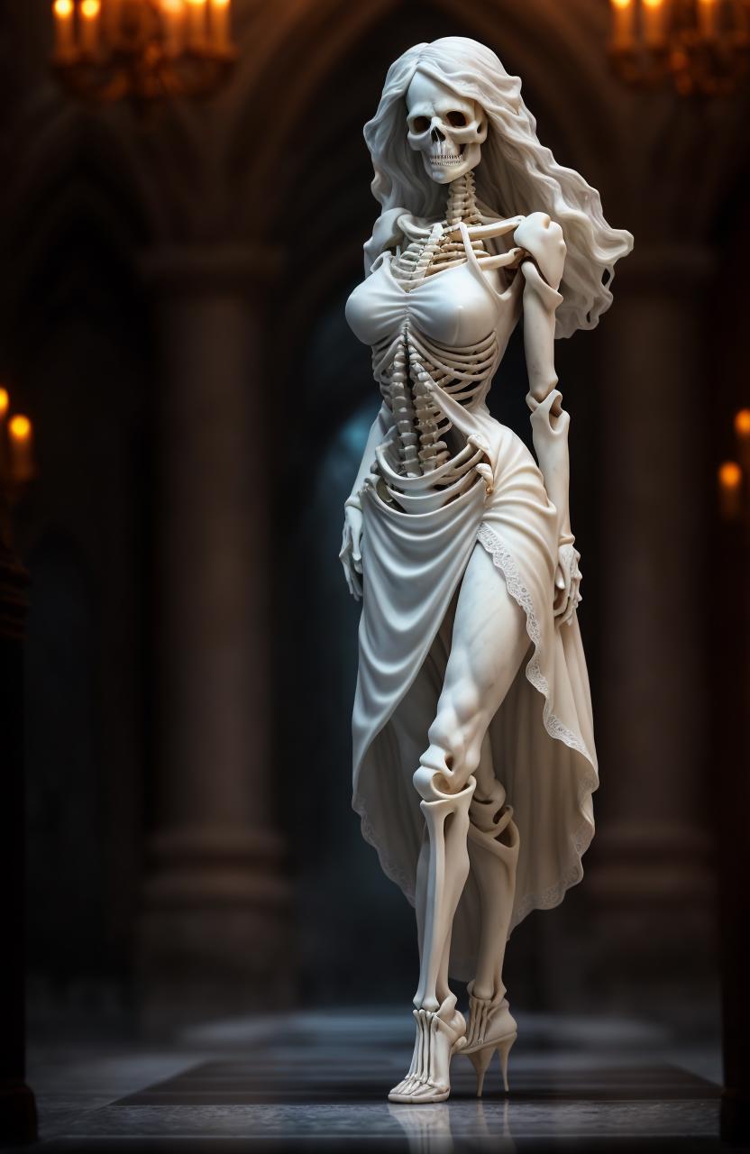 A Skeleton Woman Statue Dressed in White with a Scary Face