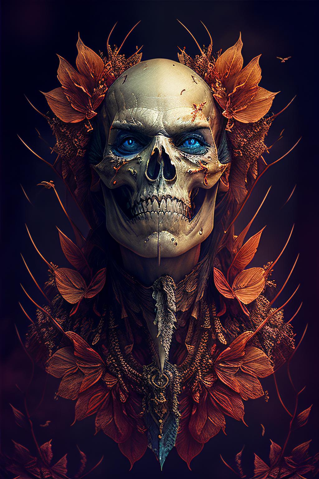 A skull with blue eyes, wearing a crown and necklace, surrounded by flowers.
