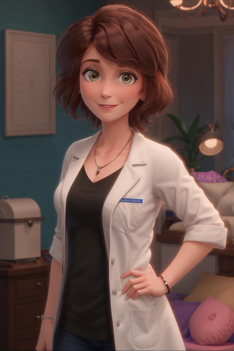 A cartoon image of a young woman doctor wearing a black shirt and white coat.