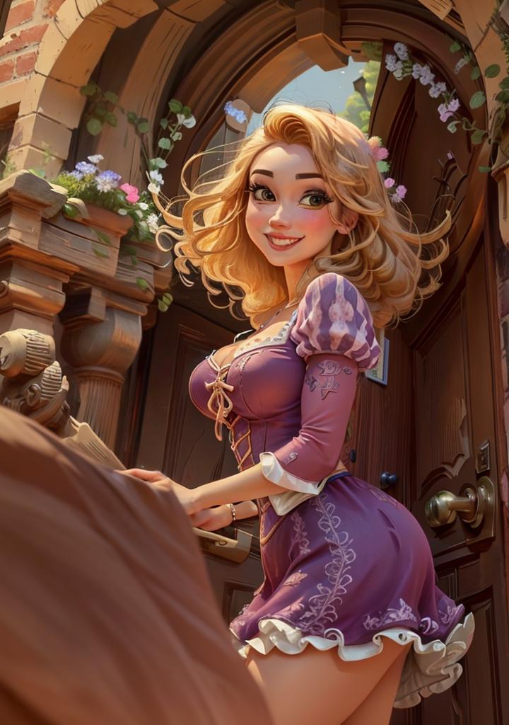 A cartoon character in a purple dress is smiling and standing in front of a door.