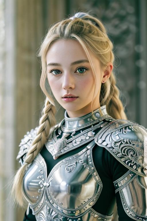A young woman wearing a silver armor and a ponytail.